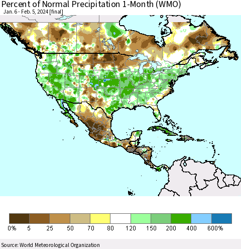 North America Percent of Normal Precipitation 1-Month (WMO) Thematic Map For 1/6/2024 - 2/5/2024