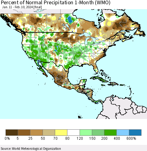 North America Percent of Normal Precipitation 1-Month (WMO) Thematic Map For 1/11/2024 - 2/10/2024