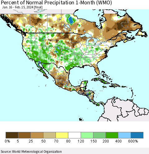 North America Percent of Normal Precipitation 1-Month (WMO) Thematic Map For 1/16/2024 - 2/15/2024