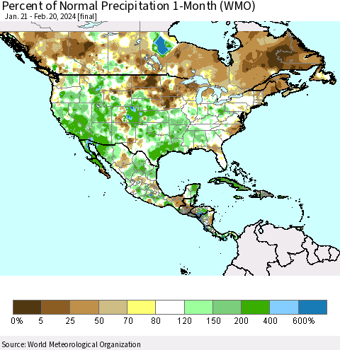 North America Percent of Normal Precipitation 1-Month (WMO) Thematic Map For 1/21/2024 - 2/20/2024