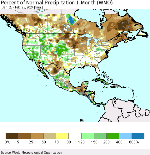 North America Percent of Normal Precipitation 1-Month (WMO) Thematic Map For 1/26/2024 - 2/25/2024
