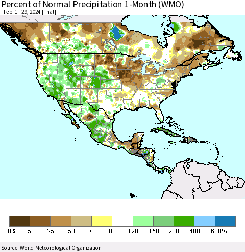 North America Percent of Normal Precipitation 1-Month (WMO) Thematic Map For 2/1/2024 - 2/29/2024