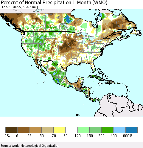 North America Percent of Normal Precipitation 1-Month (WMO) Thematic Map For 2/6/2024 - 3/5/2024