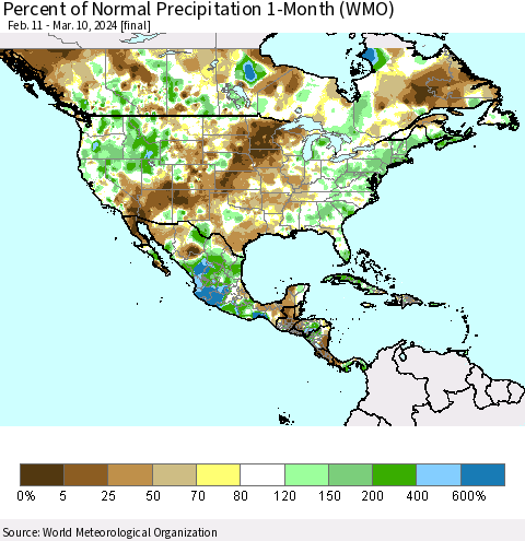 North America Percent of Normal Precipitation 1-Month (WMO) Thematic Map For 2/11/2024 - 3/10/2024