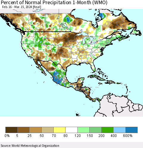North America Percent of Normal Precipitation 1-Month (WMO) Thematic Map For 2/16/2024 - 3/15/2024