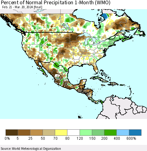 North America Percent of Normal Precipitation 1-Month (WMO) Thematic Map For 2/21/2024 - 3/20/2024