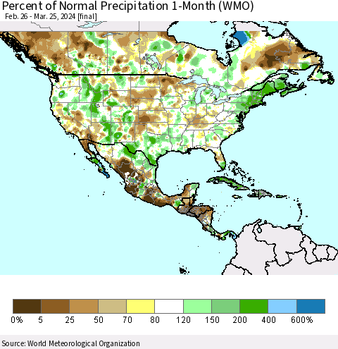 North America Percent of Normal Precipitation 1-Month (WMO) Thematic Map For 2/26/2024 - 3/25/2024
