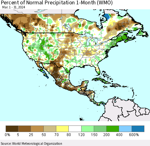 North America Percent of Normal Precipitation 1-Month (WMO) Thematic Map For 3/1/2024 - 3/31/2024
