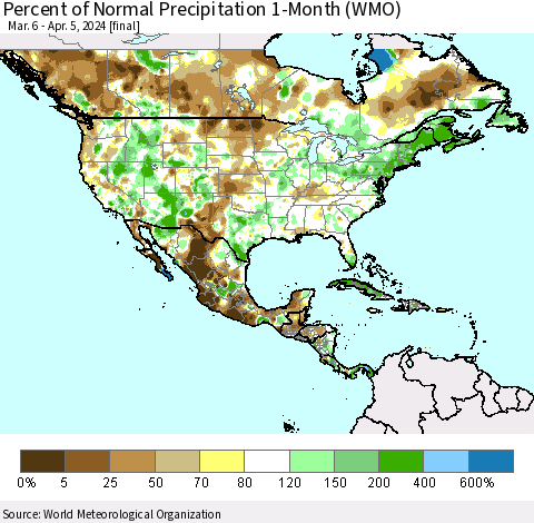 North America Percent of Normal Precipitation 1-Month (WMO) Thematic Map For 3/6/2024 - 4/5/2024