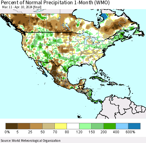 North America Percent of Normal Precipitation 1-Month (WMO) Thematic Map For 3/11/2024 - 4/10/2024