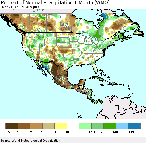 North America Percent of Normal Precipitation 1-Month (WMO) Thematic Map For 3/21/2024 - 4/20/2024