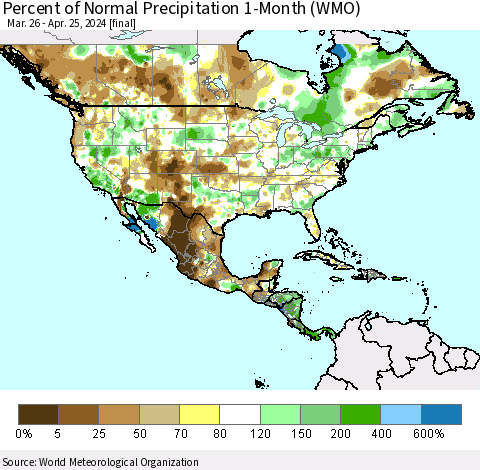 North America Percent of Normal Precipitation 1-Month (WMO) Thematic Map For 3/26/2024 - 4/25/2024