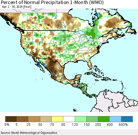 North America Percent of Normal Precipitation 1-Month (WMO) Thematic Map For 4/1/2024 - 4/30/2024