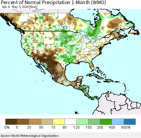 North America Percent of Normal Precipitation 1-Month (WMO) Thematic Map For 4/6/2024 - 5/5/2024