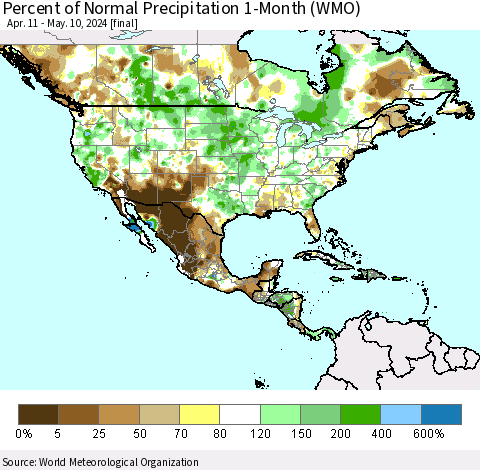 North America Percent of Normal Precipitation 1-Month (WMO) Thematic Map For 4/11/2024 - 5/10/2024