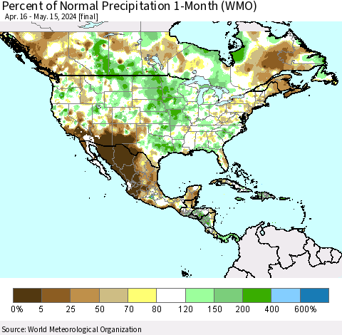 North America Percent of Normal Precipitation 1-Month (WMO) Thematic Map For 4/16/2024 - 5/15/2024