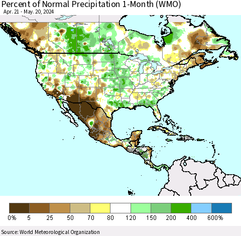North America Percent of Normal Precipitation 1-Month (WMO) Thematic Map For 4/21/2024 - 5/20/2024