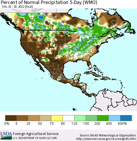 North America Percent of Normal Precipitation 5-Day (WMO) Thematic Map For 2/16/2022 - 2/20/2022