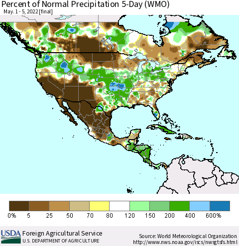 North America Percent of Normal Precipitation 5-Day (WMO) Thematic Map For 5/1/2022 - 5/5/2022