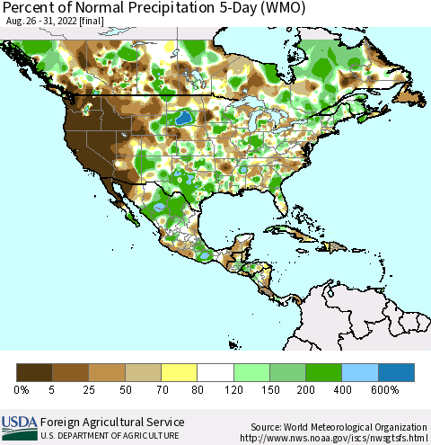 North America Percent of Normal Precipitation 5-Day (WMO) Thematic Map For 8/26/2022 - 8/31/2022