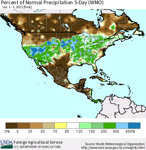 North America Percent of Normal Precipitation 5-Day (WMO) Thematic Map For 1/1/2023 - 1/5/2023