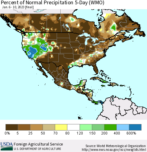 North America Percent of Normal Precipitation 5-Day (WMO) Thematic Map For 1/6/2023 - 1/10/2023