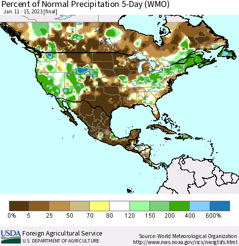North America Percent of Normal Precipitation 5-Day (WMO) Thematic Map For 1/11/2023 - 1/15/2023