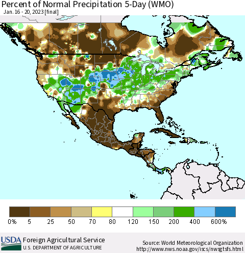 North America Percent of Normal Precipitation 5-Day (WMO) Thematic Map For 1/16/2023 - 1/20/2023