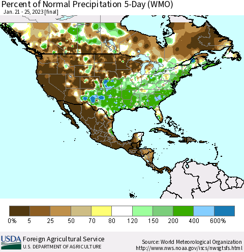 North America Percent of Normal Precipitation 5-Day (WMO) Thematic Map For 1/21/2023 - 1/25/2023
