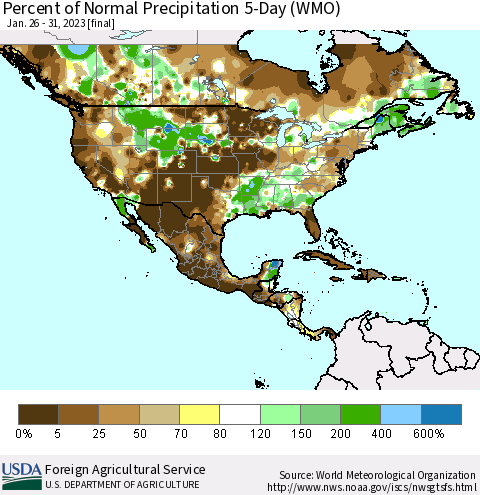 North America Percent of Normal Precipitation 5-Day (WMO) Thematic Map For 1/26/2023 - 1/31/2023