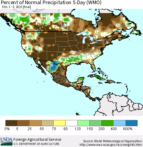 North America Percent of Normal Precipitation 5-Day (WMO) Thematic Map For 2/1/2023 - 2/5/2023