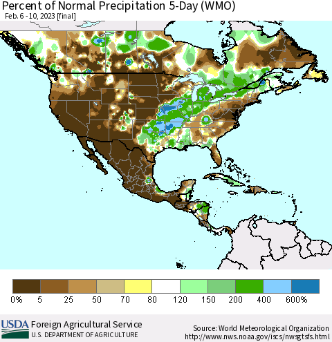 North America Percent of Normal Precipitation 5-Day (WMO) Thematic Map For 2/6/2023 - 2/10/2023