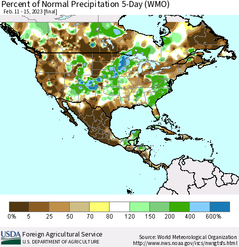 North America Percent of Normal Precipitation 5-Day (WMO) Thematic Map For 2/11/2023 - 2/15/2023