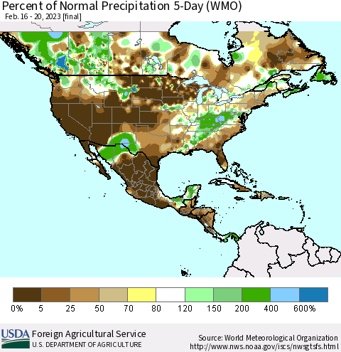 North America Percent of Normal Precipitation 5-Day (WMO) Thematic Map For 2/16/2023 - 2/20/2023