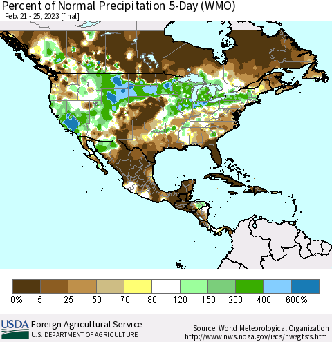 North America Percent of Normal Precipitation 5-Day (WMO) Thematic Map For 2/21/2023 - 2/25/2023