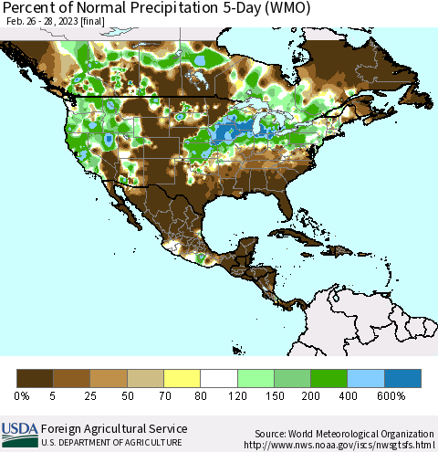 North America Percent of Normal Precipitation 5-Day (WMO) Thematic Map For 2/26/2023 - 2/28/2023