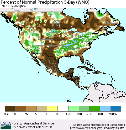 North America Percent of Normal Precipitation 5-Day (WMO) Thematic Map For 3/1/2023 - 3/5/2023