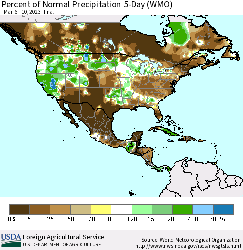 North America Percent of Normal Precipitation 5-Day (WMO) Thematic Map For 3/6/2023 - 3/10/2023