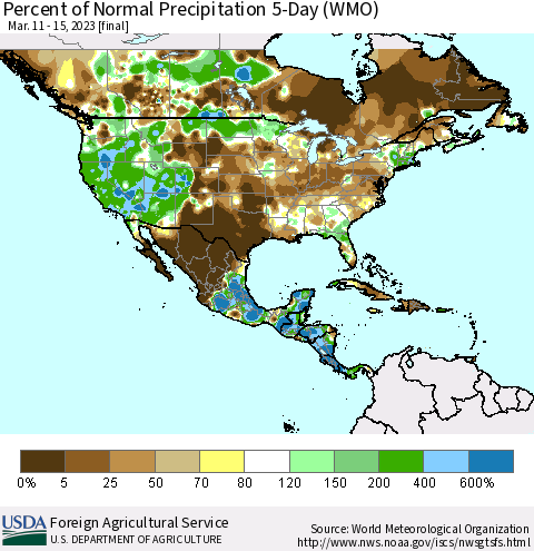 North America Percent of Normal Precipitation 5-Day (WMO) Thematic Map For 3/11/2023 - 3/15/2023