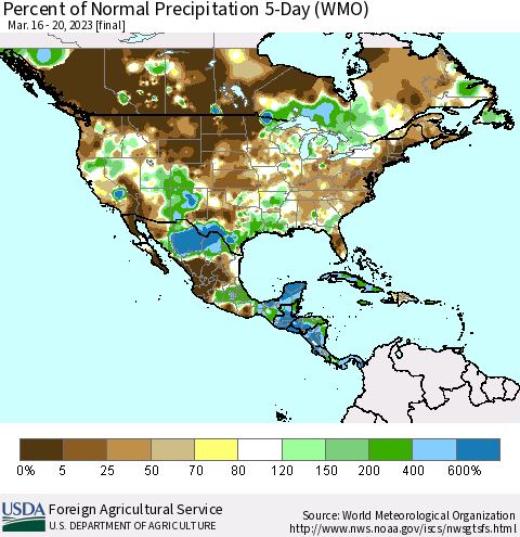 North America Percent of Normal Precipitation 5-Day (WMO) Thematic Map For 3/16/2023 - 3/20/2023