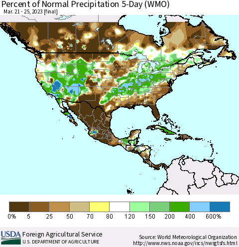 North America Percent of Normal Precipitation 5-Day (WMO) Thematic Map For 3/21/2023 - 3/25/2023