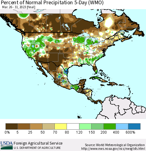 North America Percent of Normal Precipitation 5-Day (WMO) Thematic Map For 3/26/2023 - 3/31/2023