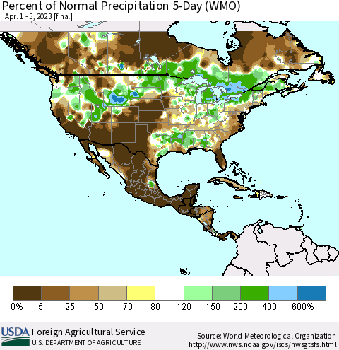 North America Percent of Normal Precipitation 5-Day (WMO) Thematic Map For 4/1/2023 - 4/5/2023