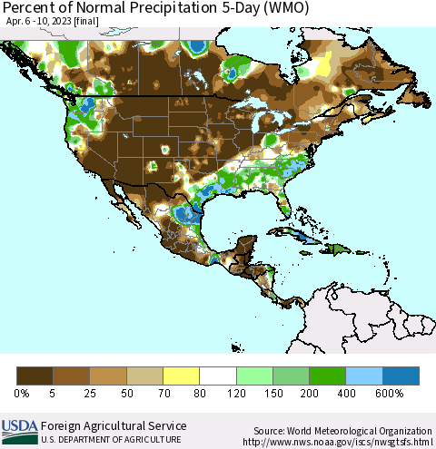 North America Percent of Normal Precipitation 5-Day (WMO) Thematic Map For 4/6/2023 - 4/10/2023