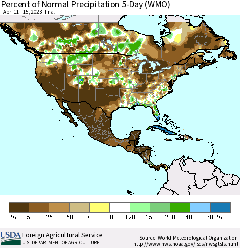 North America Percent of Normal Precipitation 5-Day (WMO) Thematic Map For 4/11/2023 - 4/15/2023