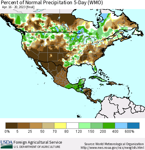 North America Percent of Normal Precipitation 5-Day (WMO) Thematic Map For 4/16/2023 - 4/20/2023