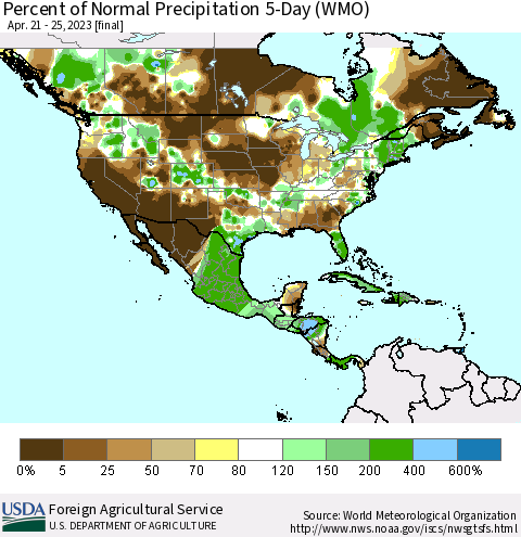 North America Percent of Normal Precipitation 5-Day (WMO) Thematic Map For 4/21/2023 - 4/25/2023
