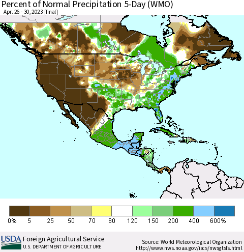 North America Percent of Normal Precipitation 5-Day (WMO) Thematic Map For 4/26/2023 - 4/30/2023