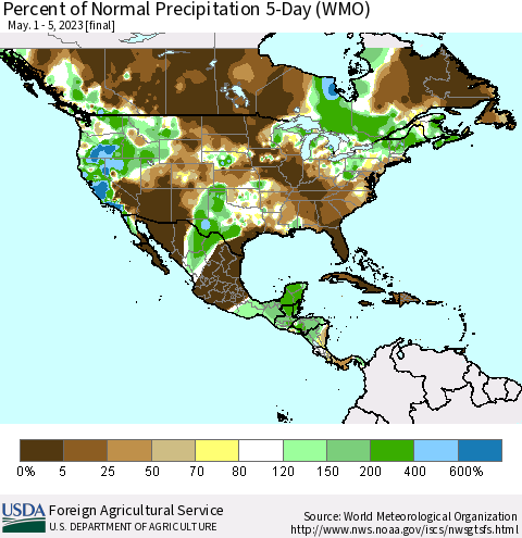 North America Percent of Normal Precipitation 5-Day (WMO) Thematic Map For 5/1/2023 - 5/5/2023
