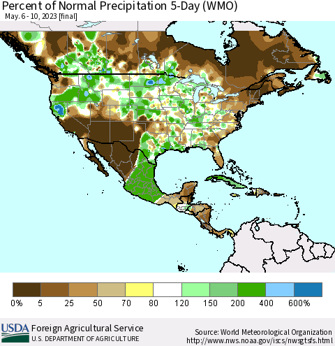 North America Percent of Normal Precipitation 5-Day (WMO) Thematic Map For 5/6/2023 - 5/10/2023